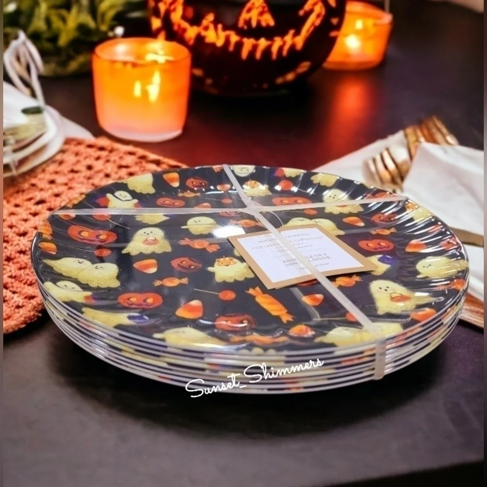8PC Cupcakes & Cashmere Halloween GHOST Jack Pumpkin Melamine Dinner Plate SET